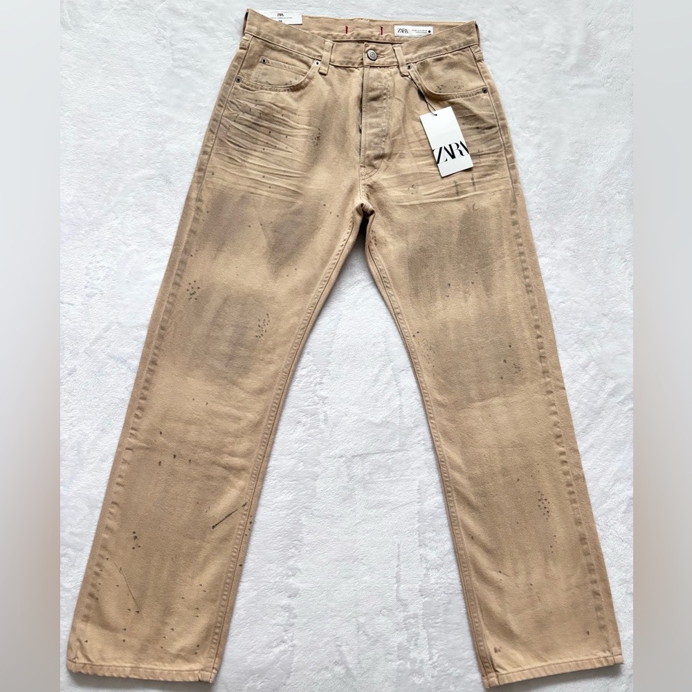 ZARA Tan Distressed Painted Grunge High Rise Relaxed Button Fly Jeans--NWT--4